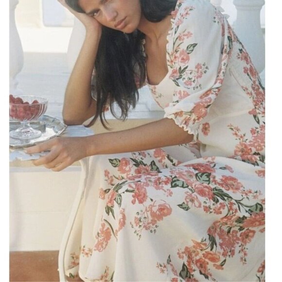 Faithfull The Brand Midi Dress Cream Pink Floral Short Puff Sleeve ALine Bronte - Picture 10 of 13